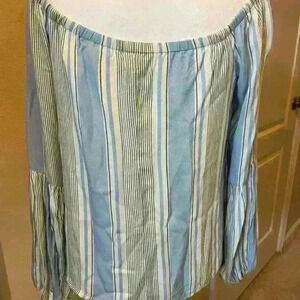 Blue and White Off the Shoulder Cuffed Sleeve Blouse